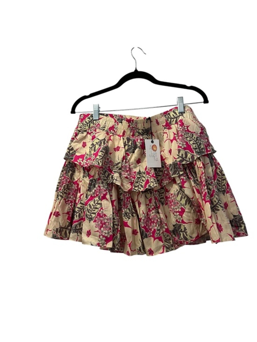 NWT Aloha Marina “Hulu” Tiered Ruffled Floral Mini Skirt Kaimuki Pink & Cream L